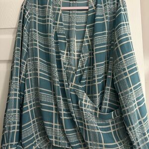 CAbi Turquoise and Cream Checkered Top